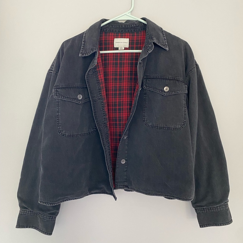 American Eagle Charcoal Jacket with Red Plaid Interior